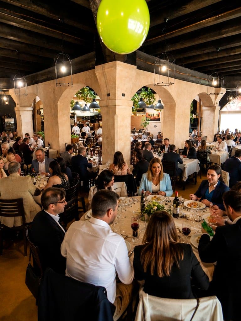Sala piena di ospiti durante un banchetto a La Staffa, archi e tavoli rotondi apparecchiati
